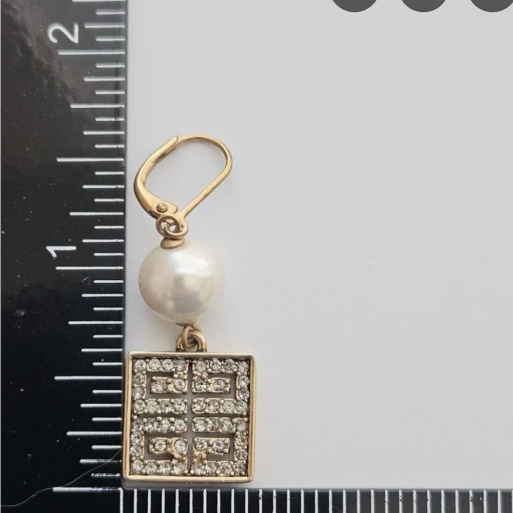 Givenchy Vintage Gold Tone Faux Pearl Drop Earrings with pave pattern logo - Picture 5 of 5